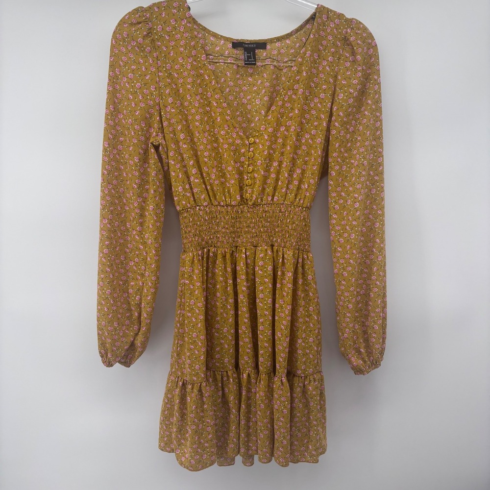 Forever 21 Floral Print Mini Dress Long Sleeve Smocked Waist Casual Party‎